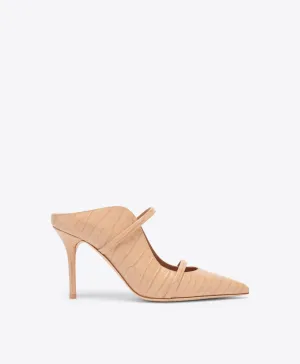 Maureen 85 Buff Embossed Leather Mules